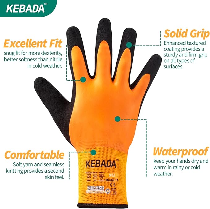 Kebada T1 Waterproof Winter Work Gloves for Men and Women,Insulated Work Gloves for Men Cold Weather,Warm Freezer Gloves XXL