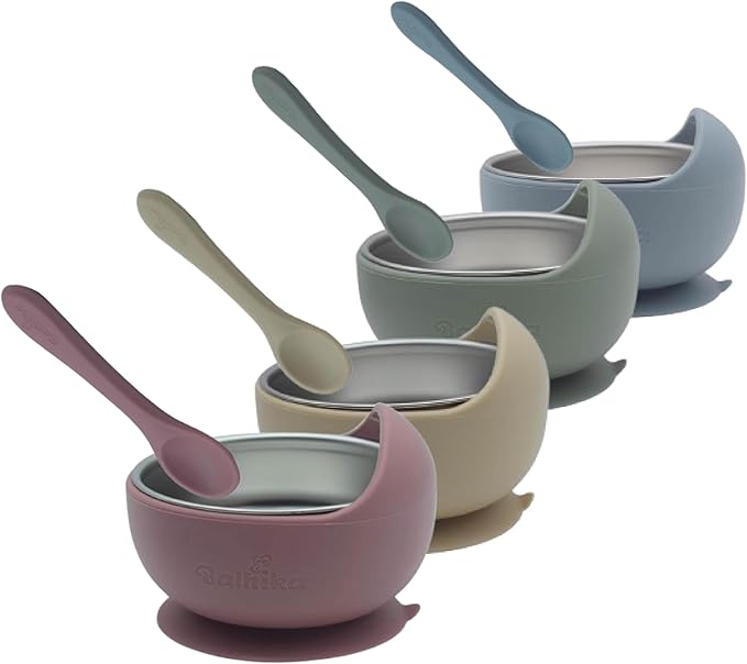 Silicone Baby Bowl Feeding Set – 12-Piece Set with Stainless Steel Inserts and Baby Spoons – BPA-Free Suction Bowls for Babies and Toddlers – Easy to Clean, Safe Mealtime Set for Self-Feeding