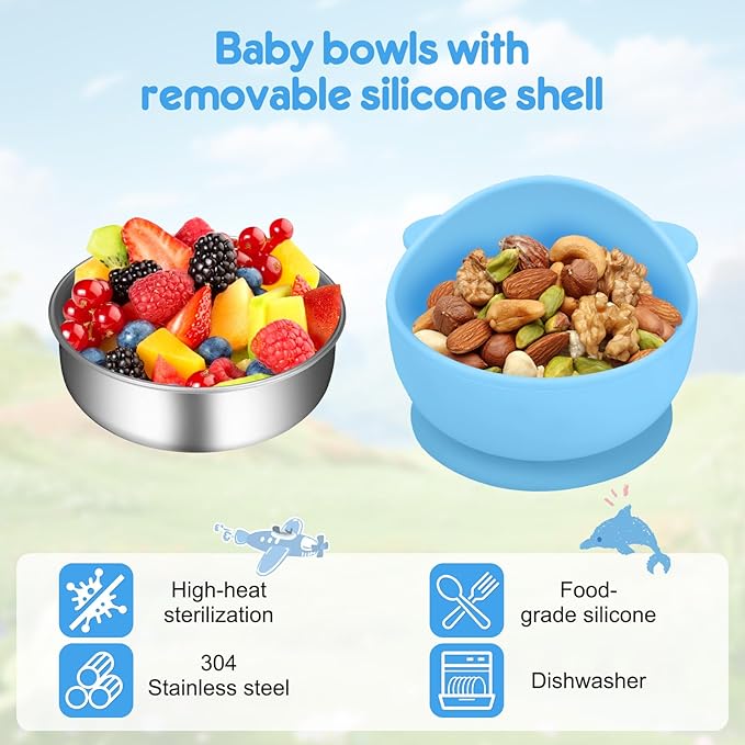 2 Pack Stainless Steel Baby Bowls with Removable Non-Slip Silicone Suction Shell, Anti Scald Food Container for Baby Food Feeding, Forks + Spoons Included -Blue & Green