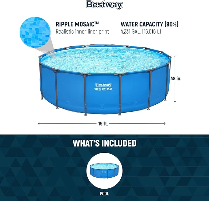 Bestway Steel Pro MAX 15’ x 48" Round Metal Steel Frame Above Ground Outdoor Backyard Swimming Pool for Families, Pool ONLY