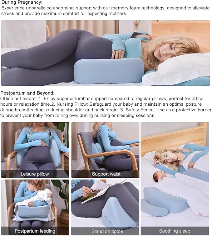 Pregnancy Pillows for Sleeping, Upgraded Memory Foam Maternity Pillow, Pregnancy Wedge Pillow for Pregnant Women with Cooling Removable, Washable Cover, Support for Belly,Back (Blue)