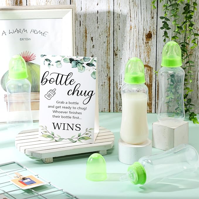 TrelaCo Cool Baby Shower Games Sets 12 Pcs Feeding Bottles with 1 Bottle Chug Sign for Gender Reveal Baby Shower Party Favors Decoration Games(Leaves,Green)