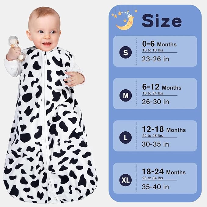 Baby Sleep Sack 18-24 Months Baby Wearable Blanket 100% Rayon Cotton 2-Way Zipper Toddler Sleeping Sack，Comfy Soft Lightweight TOG 0.3（Cow Print）
