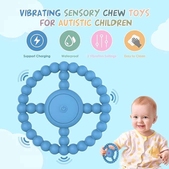 Vibrating Sensory Chew Toy, Vibrating Teether for Baby Over 6 Months, Autism Chew Toys for Kids with USB Chargeable & 3X Vibration Settings