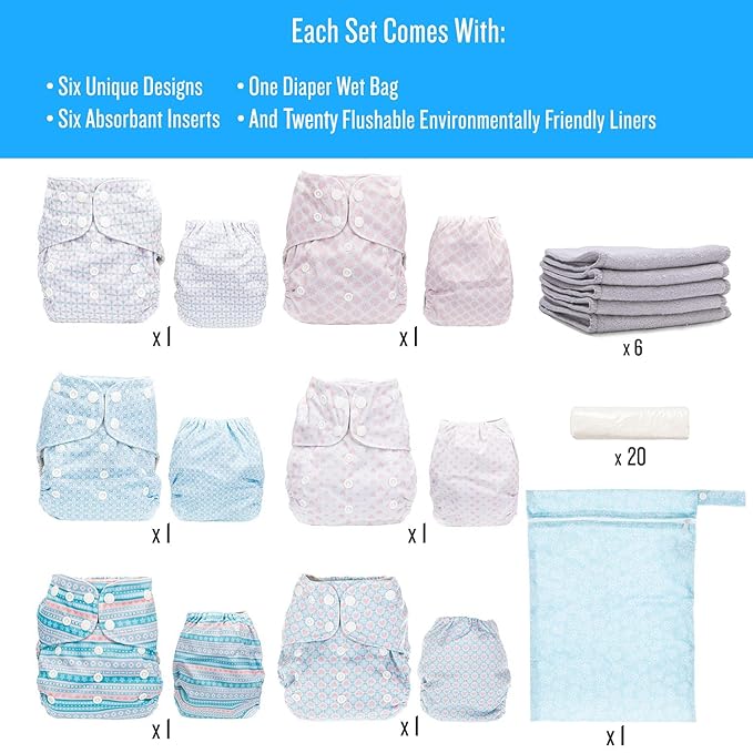 Simple Being Reusable Cloth Diapers, Double Gusset, One Size Adjustable, Washable Soft Absorbent, Waterproof Cover, Eco-Friendly Unisex Baby Girl Boy, six 4-Layers Microfiber Inserts (Stripes)