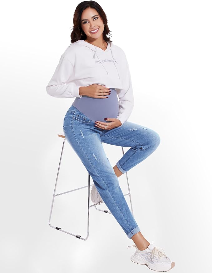 POSHGLAM Women's Maternity Jeans Over Belly Comfy Stretch 28'' Boyfriend Jeans Loose Pregnancy Pants, S-XXL