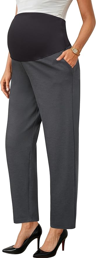 OUGES Womens Stretchy Maternity Over Belly Casual Work Straight Leg Pants Ankle Business Office Trousers with Pockets