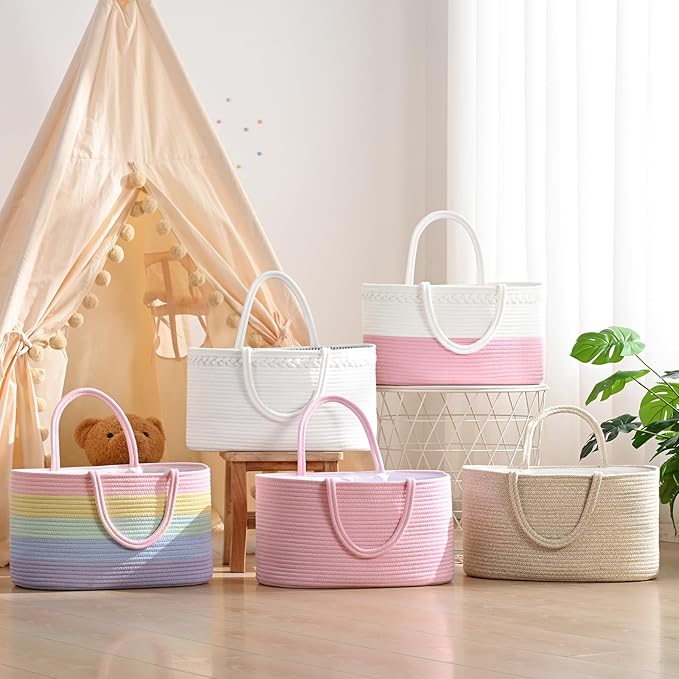 Baby Diaper Caddy Organizer, Cotton Rope Diaper Basket, Baby Basket for Changing Table, Nursery, Car, Changing Table Storage Bin With Removable Divider, Baby Shower Gifts for Newborn, Baby Essentials