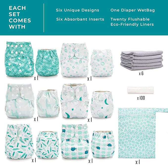 Simple Being Reusable Cloth Diapers, Double Gusset, One Size Adjustable, Washable Soft Absorbent, Waterproof Cover, Eco-Friendly Unisex Baby Girl Boy, six 4-Layers Microfiber Inserts (Knights Dragons)