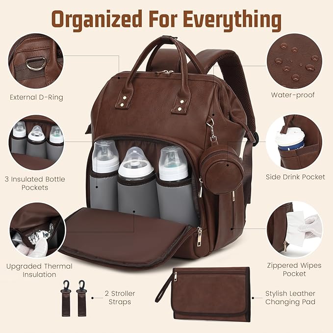 Premium Vegan Leather Diaper Bag Backpack with Waterproof Changing Pad – Reinforced Stitching & Zippers, Baby Bag for Boy Girl, Stroller Straps, Fits 15.6" Laptop for Work Moms, Dark Brown