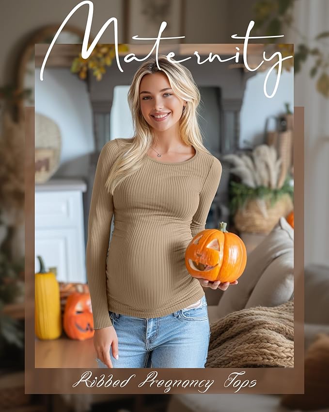 Huukeay 4 Pack Women's Maternity Shirts, Long Sleeve Cotton Ribbed Pregnancy Tops Side Ruched Crew Neck Casual Mama Clothes