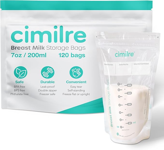 Cimilre P1 Portable Breast Pump & Breast Milk Storage Bags Bundle – Compact Double Electric Pump with 120 Leak-Proof 7oz Bags for On-The-Go Pumping and Storage