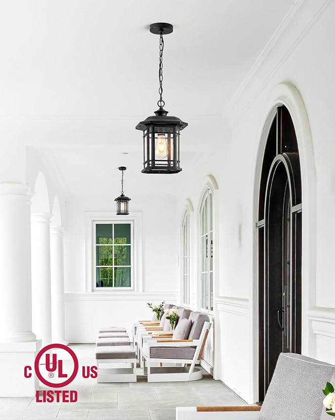 VIANIS Large Outdoor Pendant Light, Black Chandelier Lantern, Anti-Rust Outdoor Hanging Lights, Porch Lights Ceiling with Tempered Seed Glass for House