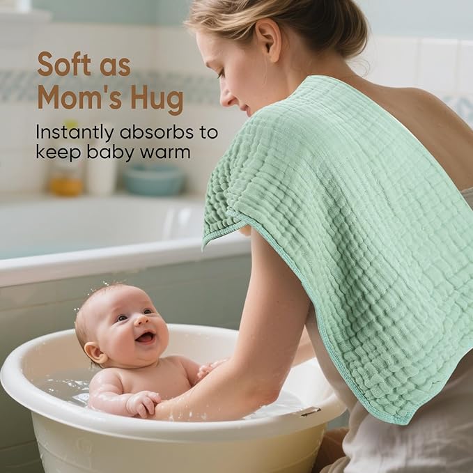 Muslin Baby Towels 100% Cotton ，Super Soft Muslin Baby Bath Towel - 32 x 32 Inches, Suitable for Newborn and Young Children up to 3 Years Old. (Light Blue & Dark Blue)