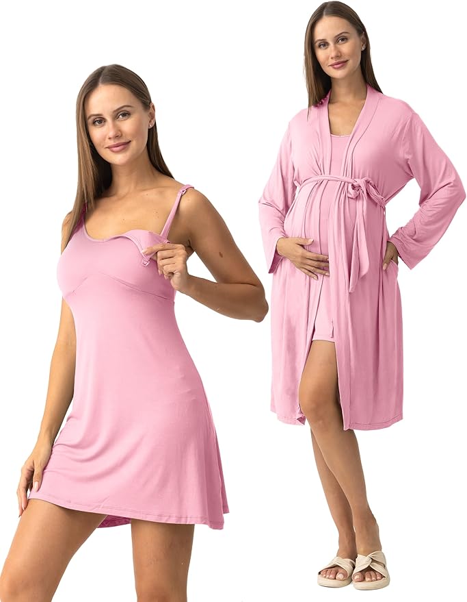 SUNNYBUY Women's Nursing Nightgown Maternity Robe Set, 3 in 1 Labor Delivery Breastfeeding Dress Postpartum Sleepwear