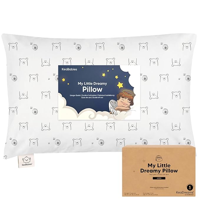 KeaBabies Toddler Pillow with Pillowcase, Jumbo 14X20 - Soft Organic Cotton Toddler Pillows for Sleeping - Machine Washable - Perfect for Travel, Toddler Bed Set (Bumble Bear)