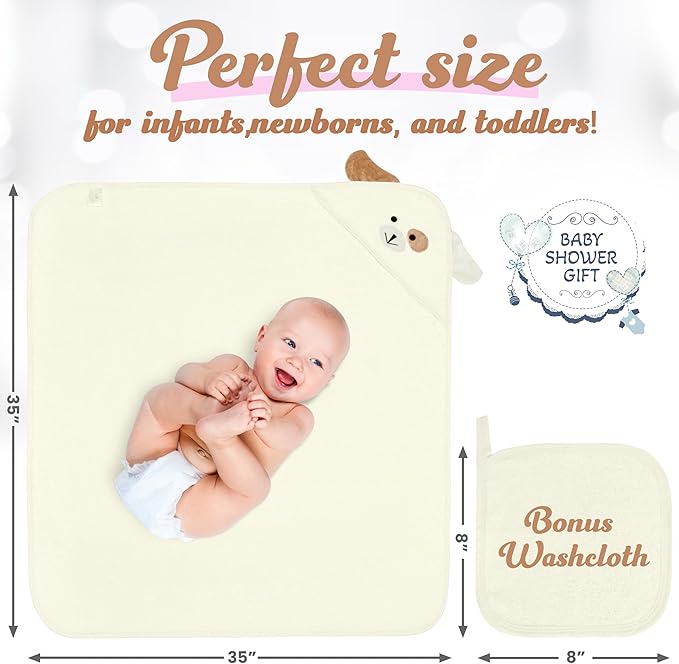 Baby Towels with Hood - Soft, Absorbent Viscose Made of Bamboo, Extra Large 35 x 35 Inches, for Newborns, Infants, Boys and Girls, Cream