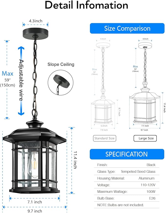 VIANIS Large Outdoor Pendant Light, Black Chandelier Lantern, Anti-Rust Outdoor Hanging Lights, Porch Lights Ceiling with Tempered Seed Glass for House
