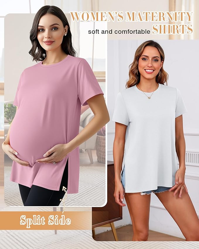 Ficerd 3 Pack Women's Maternity T Shirts, Short Sleeve Side Split Pregnancy Tops Casual Crew Neck Pregnant Tees Mama Clothes