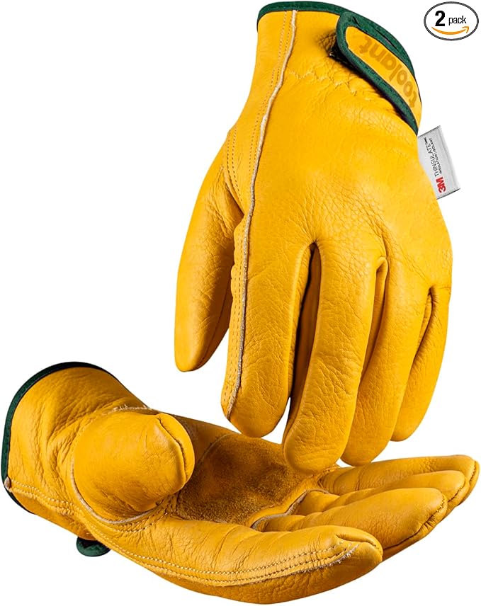 2 Pairs Winter Leather Work Gloves, Warm Thinsulate Lining for Cold Weather Work, 100% Full Grain Cowhide with Abrasion and Puncture Resistance, Size Medium