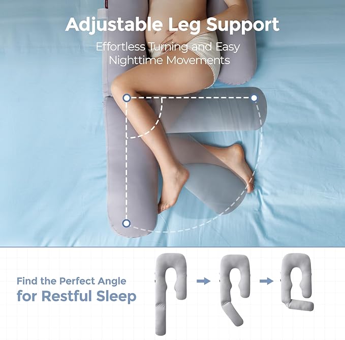 Momcozy Pregnancy Pillow with Cooling Cover, Dreamlign U Pro Maternity Pillow with Adjustable Leg Pillow - Support for Back, HIPS, Belly, Legs for Pregnant Women, 50-72 Inch Full Body Pillow, Grey