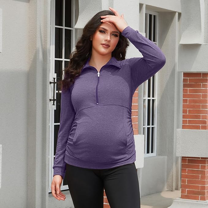 GINKANA Maternity Women's Long Sleeve Shirt Half Zipper Lapel Lightweight Casual Maternity Pullover with Pockets