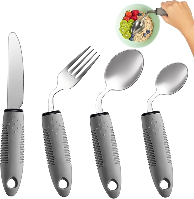4-Piece Adaptive Utensils Set - 42° Angled Parkinsons Utensils, 2.5 oz Weighted Utensils for Tremors and Parkinsons Patients, Easy Grip Weighted Silverware for Hand Tremors (Left-Handed)