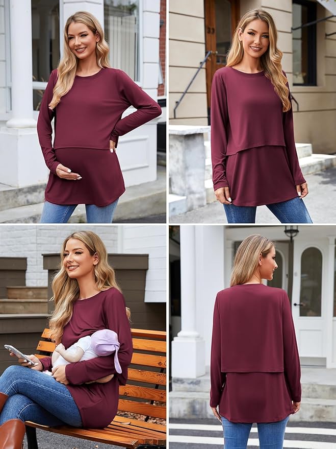 Ecavus Women's 3Pack Maternity Nursing Shirts Long Sleeve Double Layer Breastfeeding Shirts Comfy Pregnancy Clothes