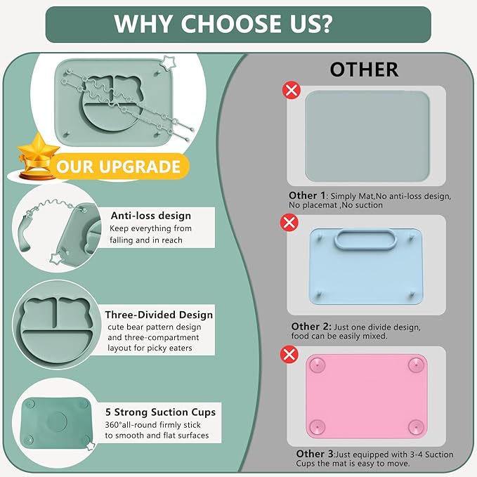 1 Pack Silicone Mat for Babies, Baby Placemat Built-in Suction Base and Equipped 4 Toy Straps & Anti-Peel Design, Activity Mat for Infants to Toddlers, Keeps Babies Essentials Off The Floor,Beige