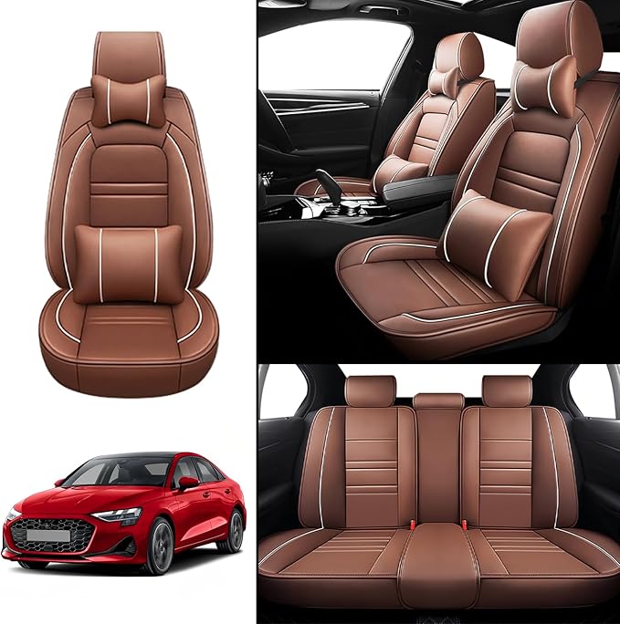 Car Seat Covers for Audi a3 2006-2025 | 5-Seats Seat Covers, Waterproof Seat Protectors, Automotive Seat Covers (Full Set with Pillow,Coffee)