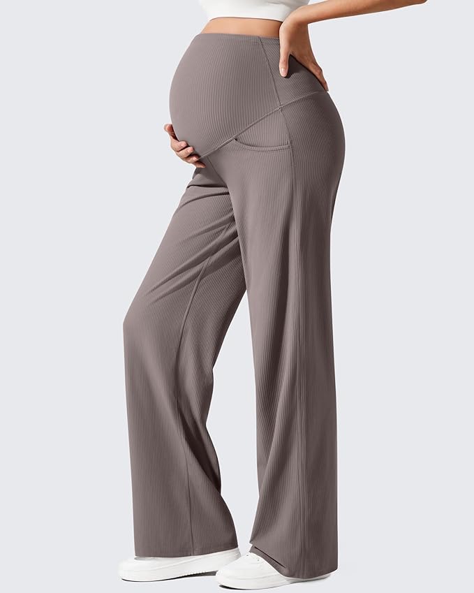 G4Free Ribbed Maternity Yoga Pants with Pockets Over The Belly Wide Leg Casual Pregnancy Lounge Trousers