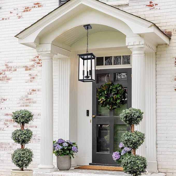 Black Outdoor Pendant Lanern, E12 Candle Chandelier 3-Lights Large Exterior Hanging Light Fixture with Clear Glass Height Adjustable for Indoor Entryway Porch