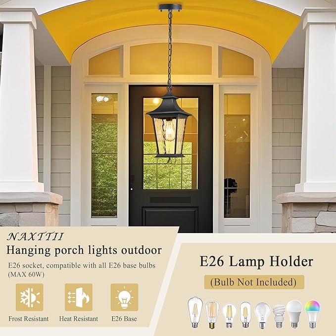 16.4 Inch Black Hanging Porch Lights Outdoor Waterproof Aluminum Outdoor Pendant Light Dusk to Dawn Exterior Hanging Light Fixture for Gazebo E26 Socket