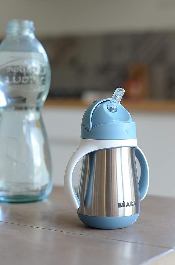 Beaba Stainless Steel Straw Sippy Cup, Insulated Toddler Cups Spill Proof with Removable Handles, Made with High Grade Stainless Steel, 8+ months, 8.5 oz (Rain)