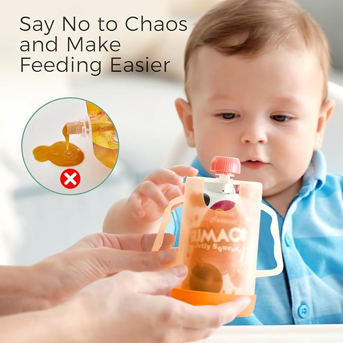 Momcozy Baby Pouch Holder No Squeeze, Baby Food & Juice Box Holder, Mess-Free, Easy Grip for Self-Feeding, BPA-Free & DEHP-Free, Must-Have for Babies, Violet&Orange 2Pcs