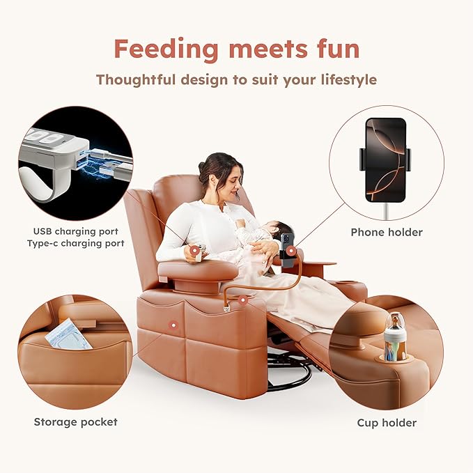 MAMAZING Oversized Rocking Chair Nursery with Adjustable Armrests, Electric Glider Recliner Nursing Chair for Breastfeeding, Power Swivel Recliner Chairs, Oeko-TEX & FSC Certified(Honey Brown)