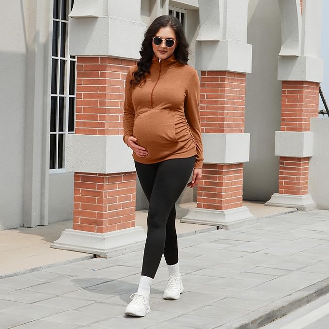 GINKANA Maternity Women's Long Sleeve Shirt Half Zipper Lapel Lightweight Casual Maternity Pullover with Pockets