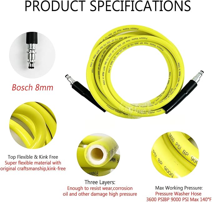 5800PSI/400Bar Ultra Flexible Pressure Washer Hose for Bosch Home Cleaning, 5M-30M High Pressure Extension Tube with Quick-Connect Adapter,(Red/Blue/Yellow/Green/Grey/Orange/Light Blue)(Yellow,50FT)