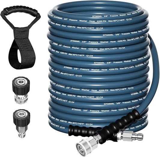 3/8'' Pressure Washer Hose 100FT - Kink Resistant Steel Wire Braided, Wear Resistant, 3/8" Stainless Steel Quick Connect, with M22 14mm Adapter Set, Hot and Cold Water Power Washer Hose, 4200 PSI