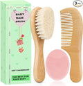 3PCS Baby Hair Brush with Wooden Handle and Comb Set for Newborns & Toddlers | Natural Soft Goat Bristles l Wood Comb l Pink Silicone Brush| Ideal for Cradle Cap