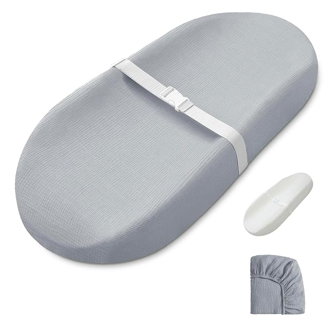 Blissful Diary Muslin Baby Changing Pad with Waterproof Lining Foam, Diaper Changing Table Pad with Cover for Dressers (Gray, Avocado)