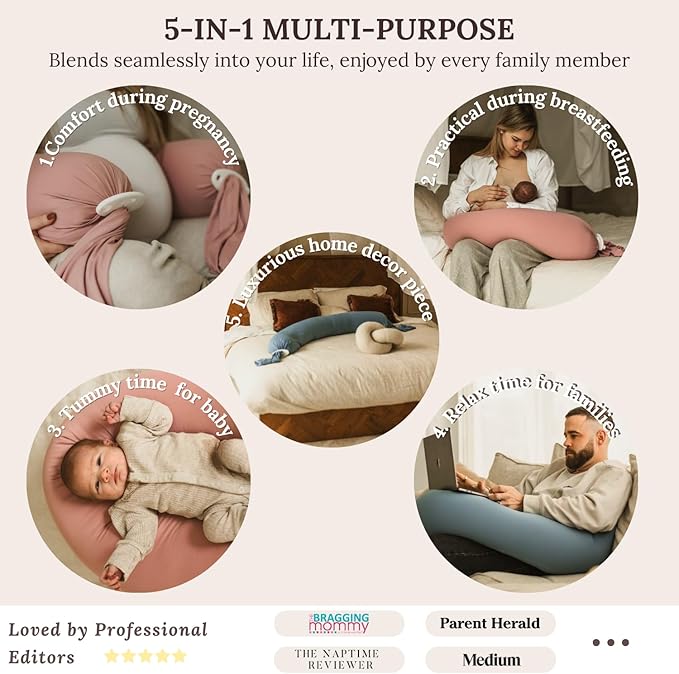 Pregnancy Pillow 5-in-1 【Cooling Cover, Adjustable to Grow with Belly】 Beanbag Style, Lockable O-Shape Nursing Pillow, 5-Point Full Body Support, Maternity Pillow with Travel Bag - Blue