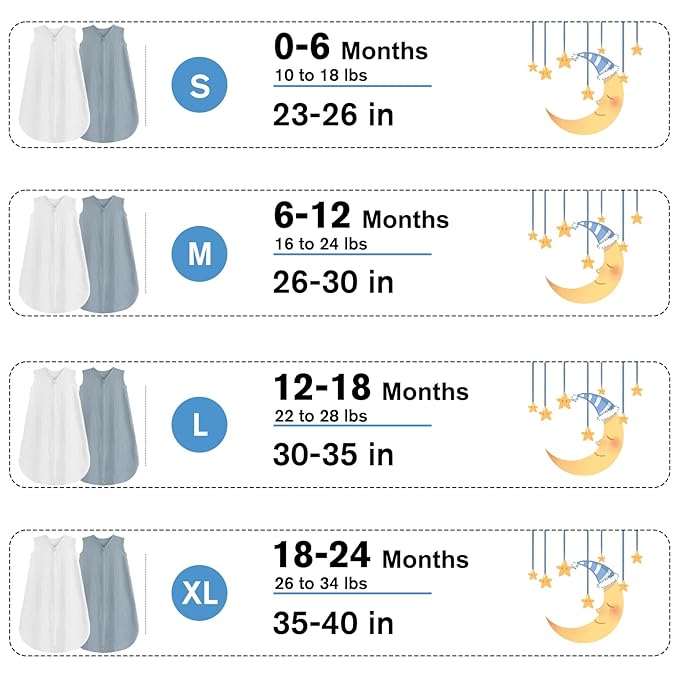 2 Pack Baby Sleep Sack 18-24 Months 100% Organic Cotton Muslin Baby Sleeping Bag 2-Way Zipper Toddler Wearable Blankets Comfy Stretchy Thin Sleep Sacks