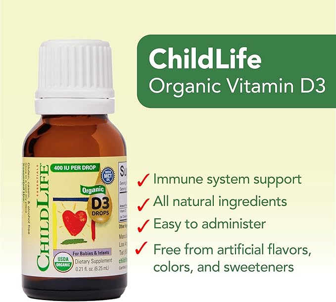 CHILDLIFE ESSENTIALS Organic Vitamin D3 Drops for Infants & Newborns - Baby Vitamin D Drops, 400 IU per Liquid Drop, Immune & Bone Health Support, USDA Organic, Flavorless - 0.21 Fl Oz (2 Pack)