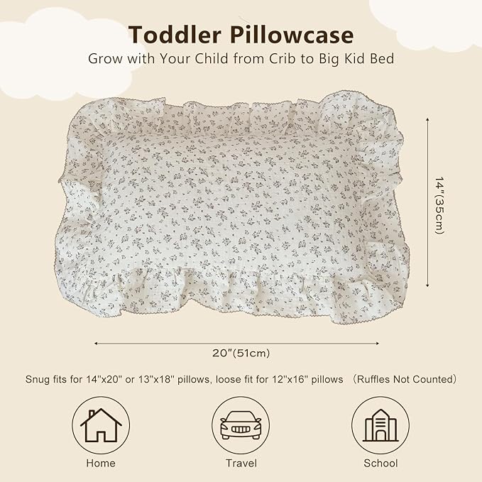 BuLuTu Gauze Muslin Pillow Cases for Toddler Girls Boys Soft Breathable Pillowcase Crib Size, 14"x20", 1 pc, Blue Floral Small Pillow Cover for Travel/Daycare/Nursery Decor, Enveloped Closure