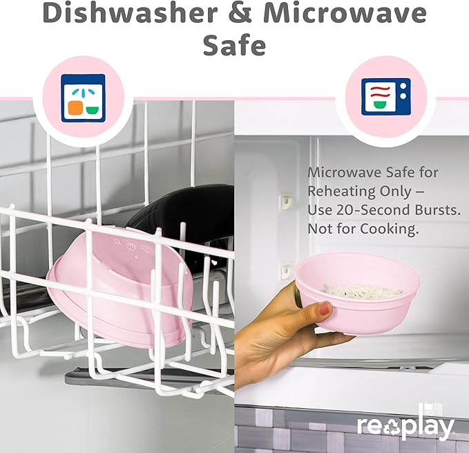 Re-Play 12 oz. Toddler Bowls Set of 4 - Kids Deep-Walled, Durable & Reusable Snack and Meal Bowls, Dishwasher & Microwave Safe, BPA-Free, Made in USA from Recycled Plastic, Blossom