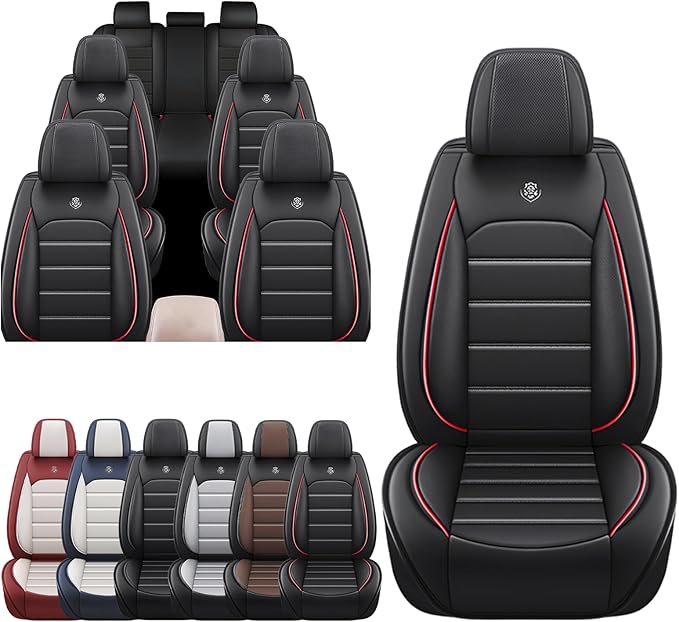 JOJ Car Seat Cover Fit for Toyota Highlander 2001-2025,7 Seat Car Seat Cover,No-Slip Waterproof Breathable Faux Leather Automotive Seat Covers Auto Interior Covers,Full Set,Black Red
