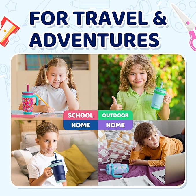Tronco 14 oz Kids Insulated Tumbler with Handle & Spill Resistant Flexible Straw, BPA-Free Stainless Steel Toddler Cups with Lids, Splash-Proof Kid Drinking Cup Travel Mugs, Hand Wash Only