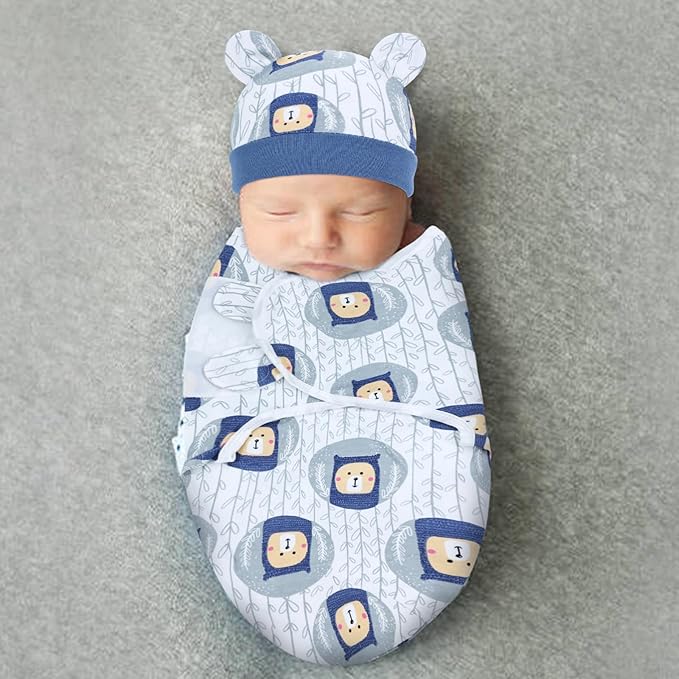 Cinaci 2 Pack Adjustable Soft Cotton Blend Newborn Baby Receiving Swaddle Blankets Sleep Sacks with Nursery Hats Caps Beanies Bonnets for Baby Girls Boys Newborns Infants