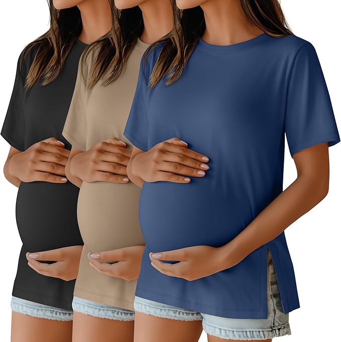 Ficerd 3 Pack Women's Maternity T Shirts, Short Sleeve Side Split Pregnancy Tops Casual Crew Neck Pregnant Tees Mama Clothes